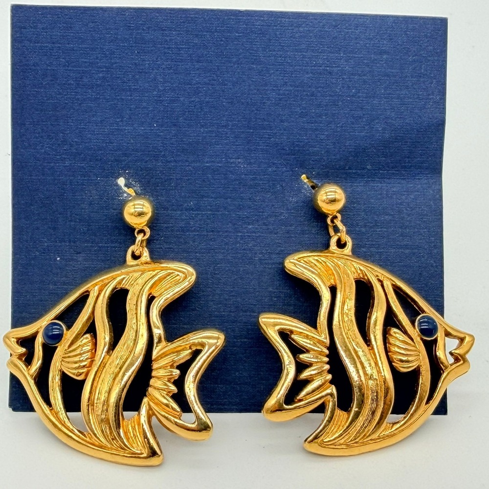 Vintage Gold Tone Angelfish Drop Earrings Blue‎ Cabochon Eye Nautical Coastal